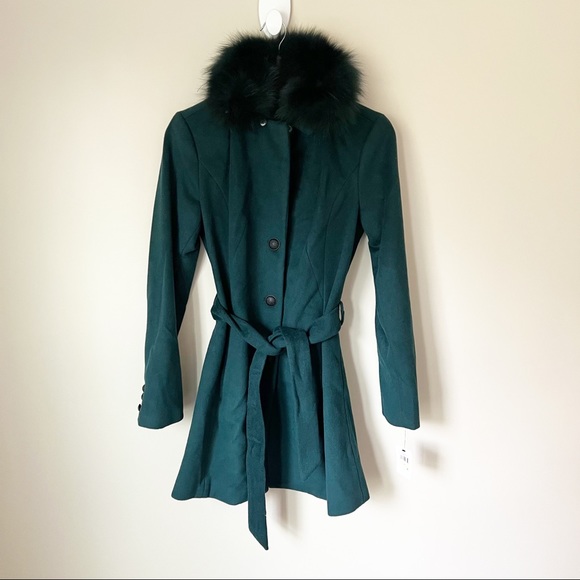 Andrew Marc Wool Blend Genuine Dyed Fox Fur Collar Coat Forest Green 4 NWT - Picture 2 of 16